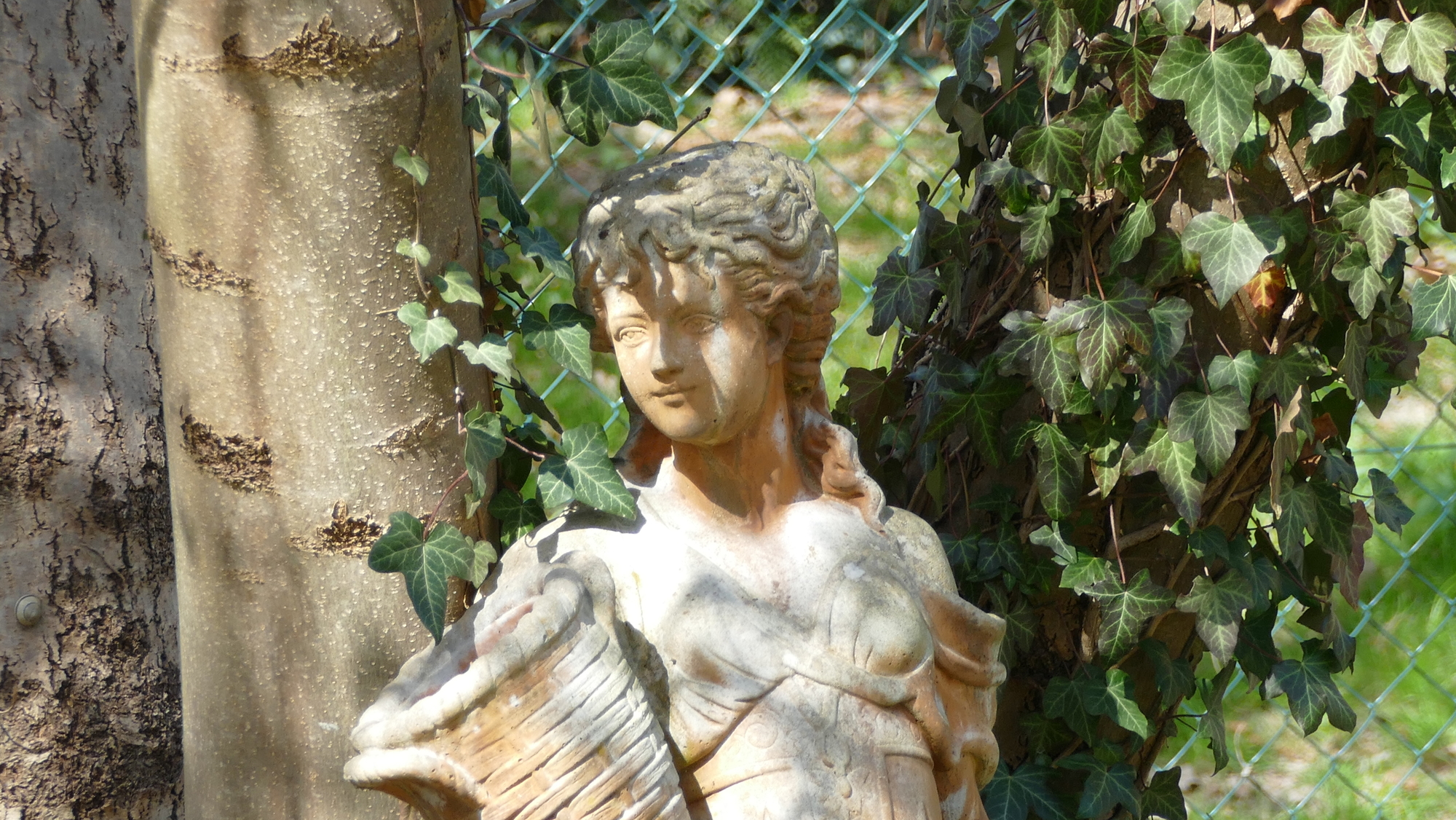 Die alte Gartenstatue zwischen Efeu und Baum